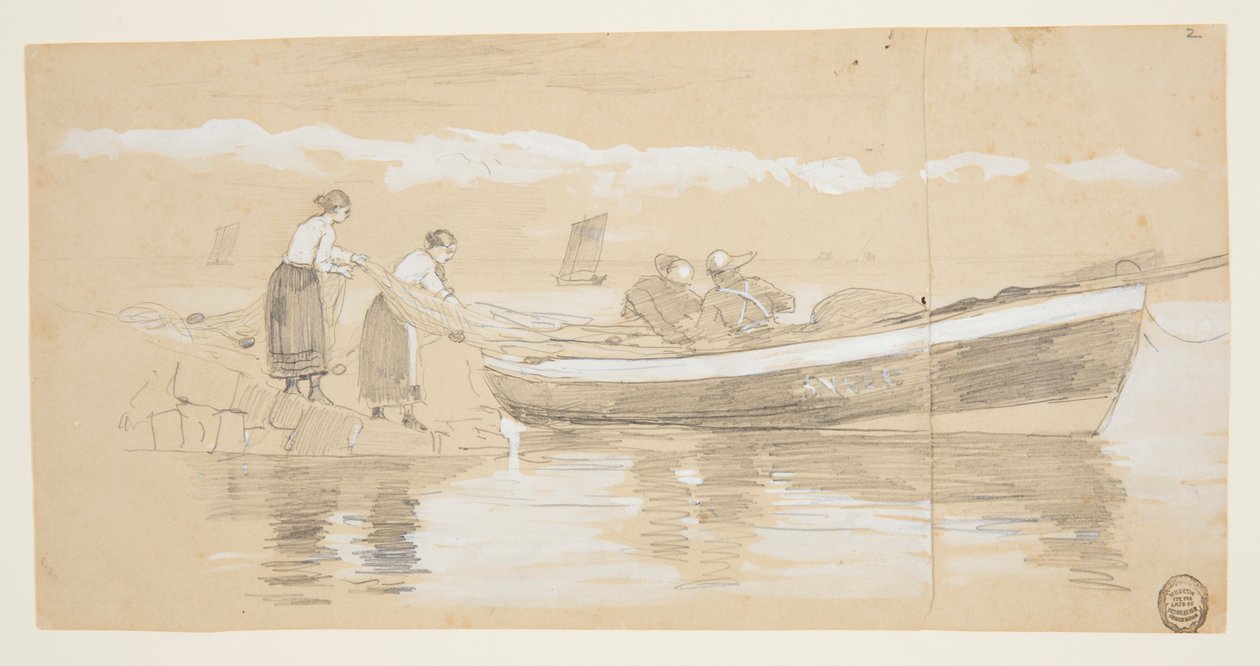 Rybak i kobiety chowające sieci w przyczepie na plaży, Cullercoats, Anglia autorstwa Winslow Homer