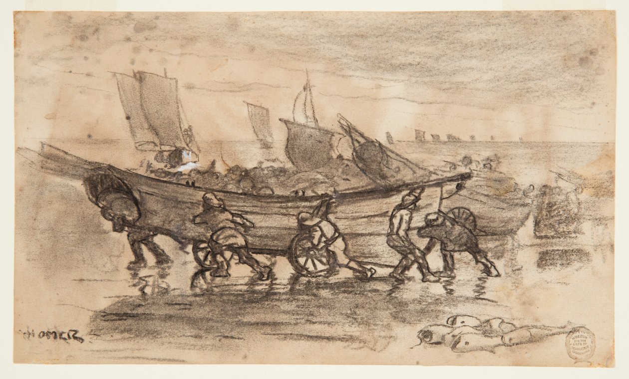 Rybacy na plaży Dory, Cullercoats, Anglia autorstwa Winslow Homer
