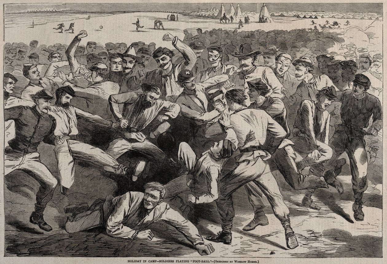Wakacje w obozie - Żołnierze grający w „piłkę nożną” autorstwa Winslow Homer