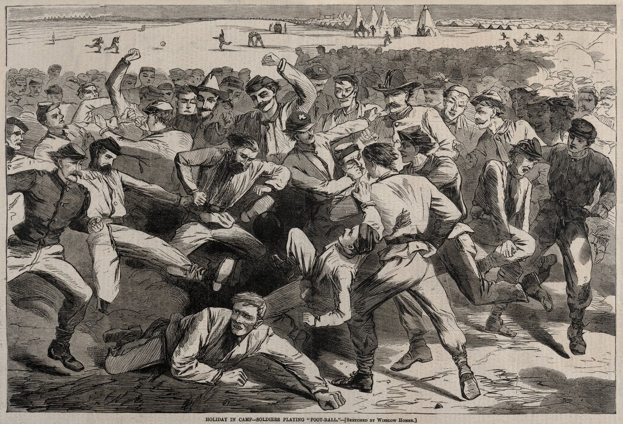 Wakacje w obozie - Żołnierze grający w piłkę nożną, 1865. autorstwa Winslow Homer