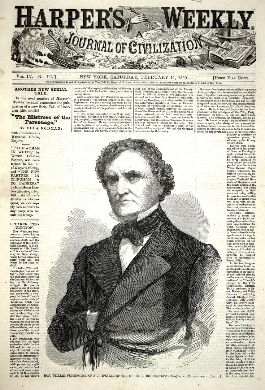 William Pennington z New Jersey, przewodniczący Izby Reprezentantów, z magazynu „Harper’s Weekly”, 11 lutego 1860 r. autorstwa Winslow Homer