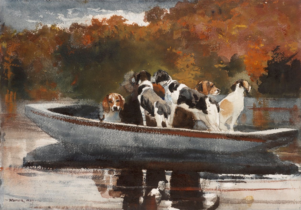 Psy myśliwskie w łodzi (w oczekiwaniu na start) autorstwa Winslow Homer