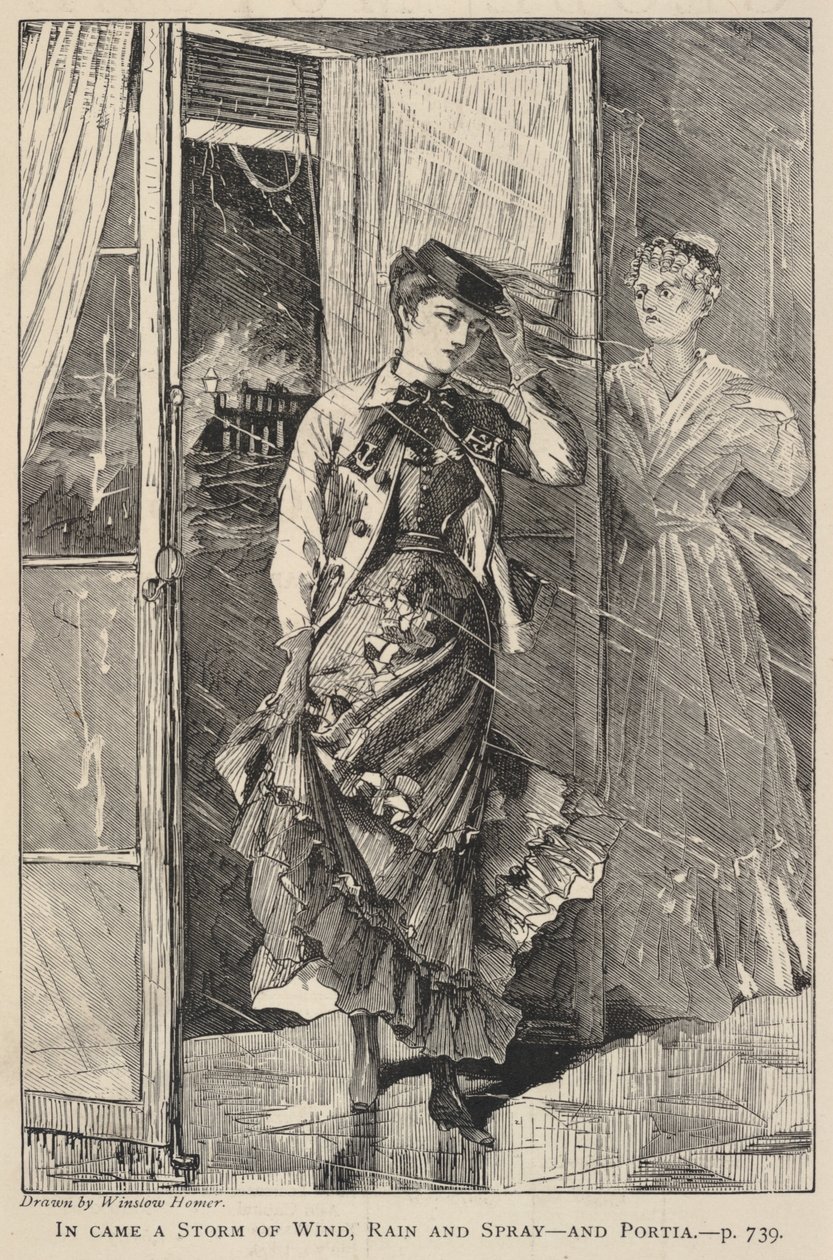 Nadeszła burza wiatru, deszczu i bryzgów - oraz Portia, z The Galaxy, grudzień 1869 autorstwa Winslow Homer