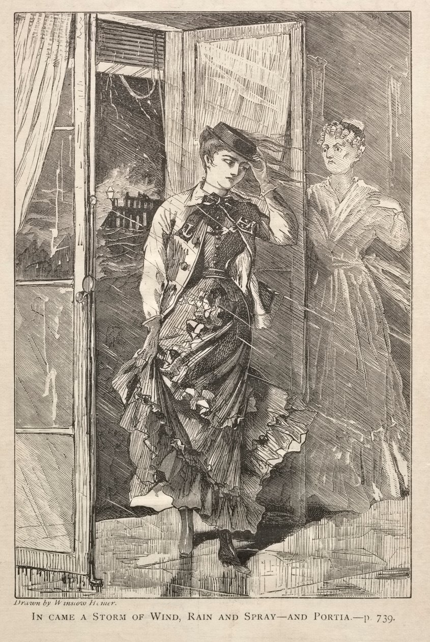 W Nadeszła burza wiatru, deszczu i mgiełki - i Portia, 1869. autorstwa Winslow Homer