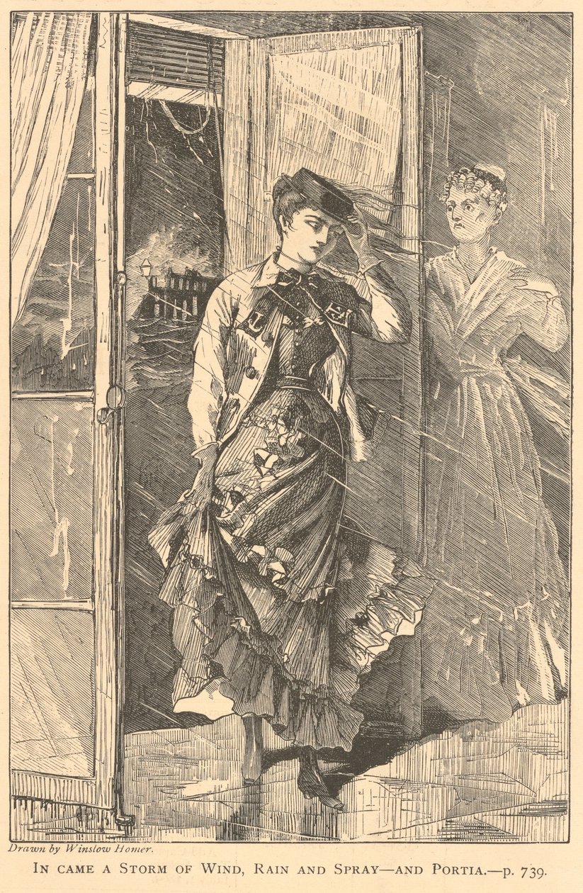 Nadciągnęła burza z wiatrem, deszczem i rozpryskującą się wodą – i Portia., z czasopisma „The Galaxy”, grudzień 1869 r. autorstwa Winslow Homer