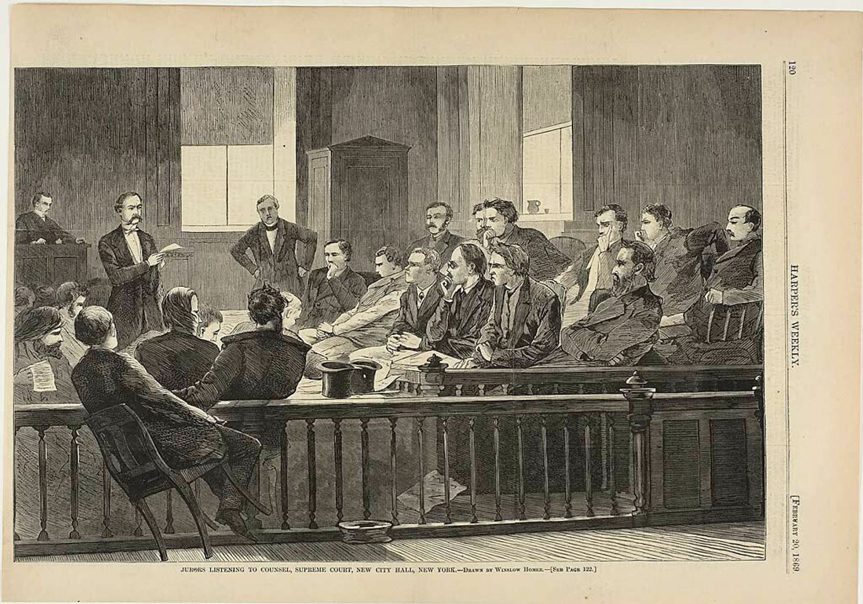 Ławnicy słuchający mecenasa, Sąd Najwyższy, Nowy Ratusz, Nowy Jork autorstwa Winslow Homer