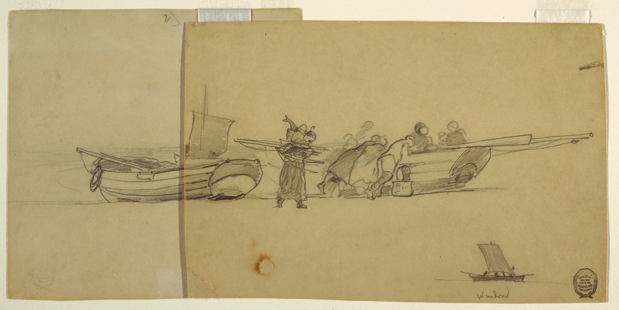 Mężczyźni i kobiety rozładowują łódź rybacką, Cullercoats, Anglia autorstwa Winslow Homer