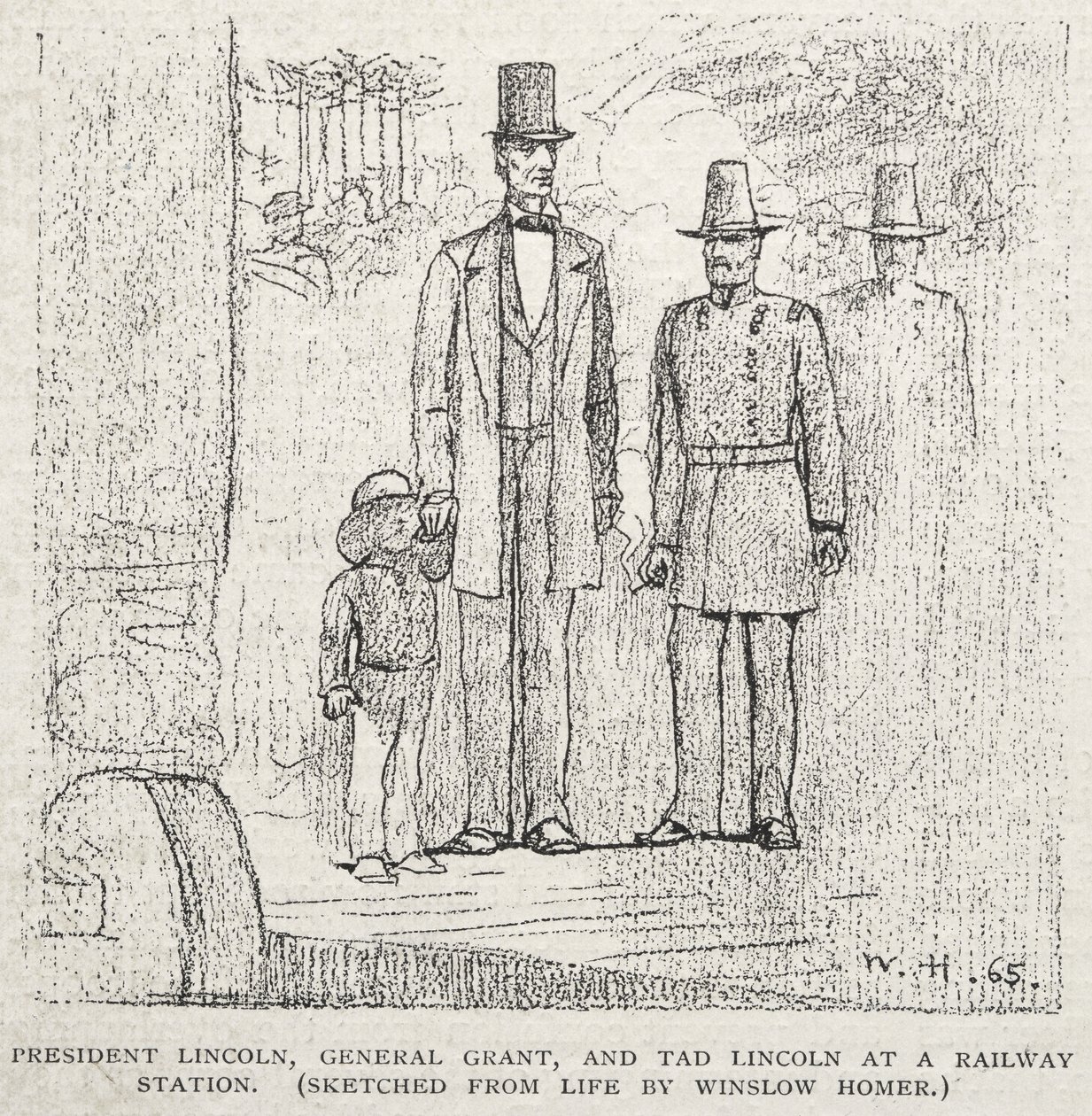 Prezydent Lincoln, generał Grant i Tad Lincoln na stacji kolejowej autorstwa Winslow Homer
