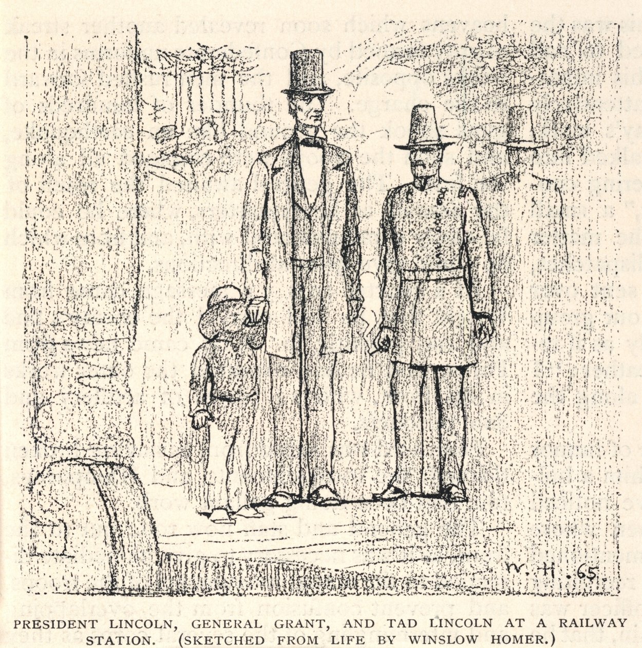 Prezydent Lincoln, generał Grant i Tad Lincoln na stacji kolejowej, z The Century Magazine, listopad 1887 r. autorstwa Winslow Homer