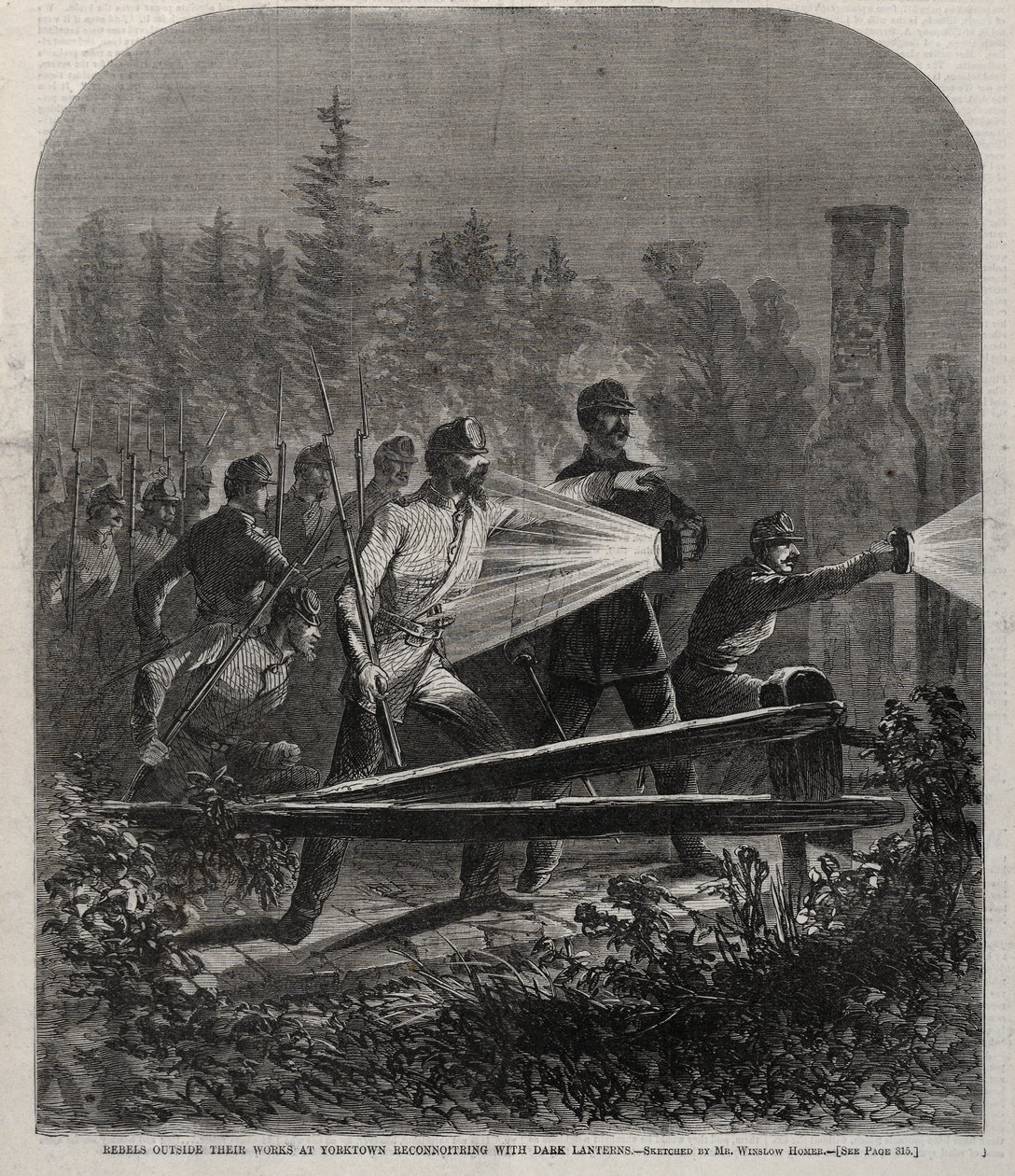 Buntownicy przed swoją twierdzą w Yorktown, prowadzący rozpoznanie przy świetle ciemnych latarni autorstwa Winslow Homer