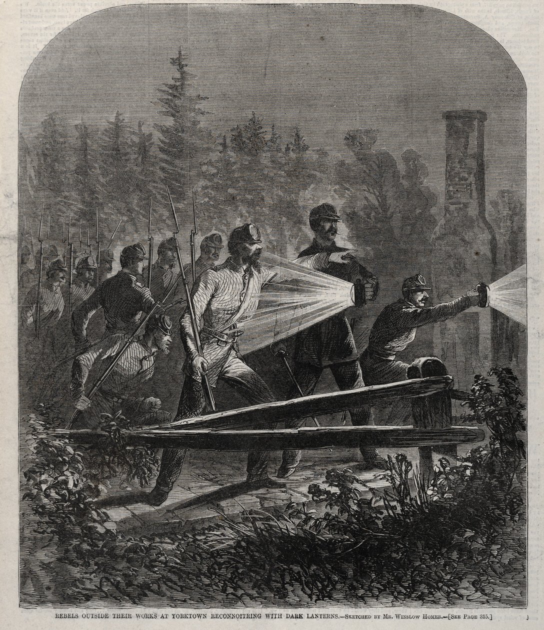 Rebelianci poza swoją pracą w Yorktown Reconnoitering with Dark Lanterns, 1862. autorstwa Winslow Homer