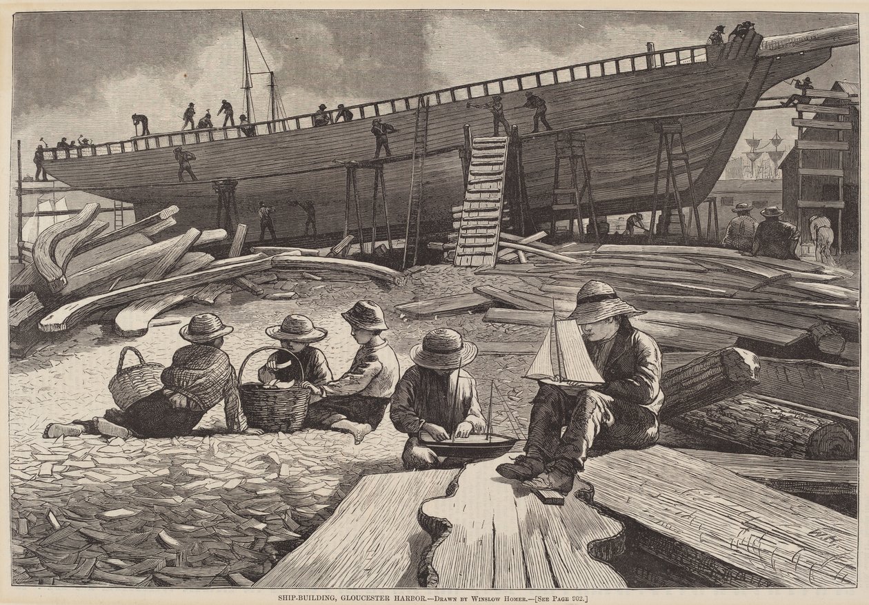 Budowa statków, Gloucester Harbor, opublikowana w 1873 r. autorstwa Winslow Homer