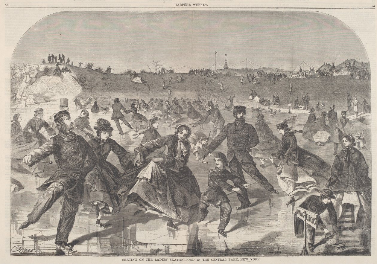 Jazda na łyżwach po stawie łyżwiarskim dla kobiet w Central Parku w Nowym Jorku, opublikowana w 1860 r. autorstwa Winslow Homer