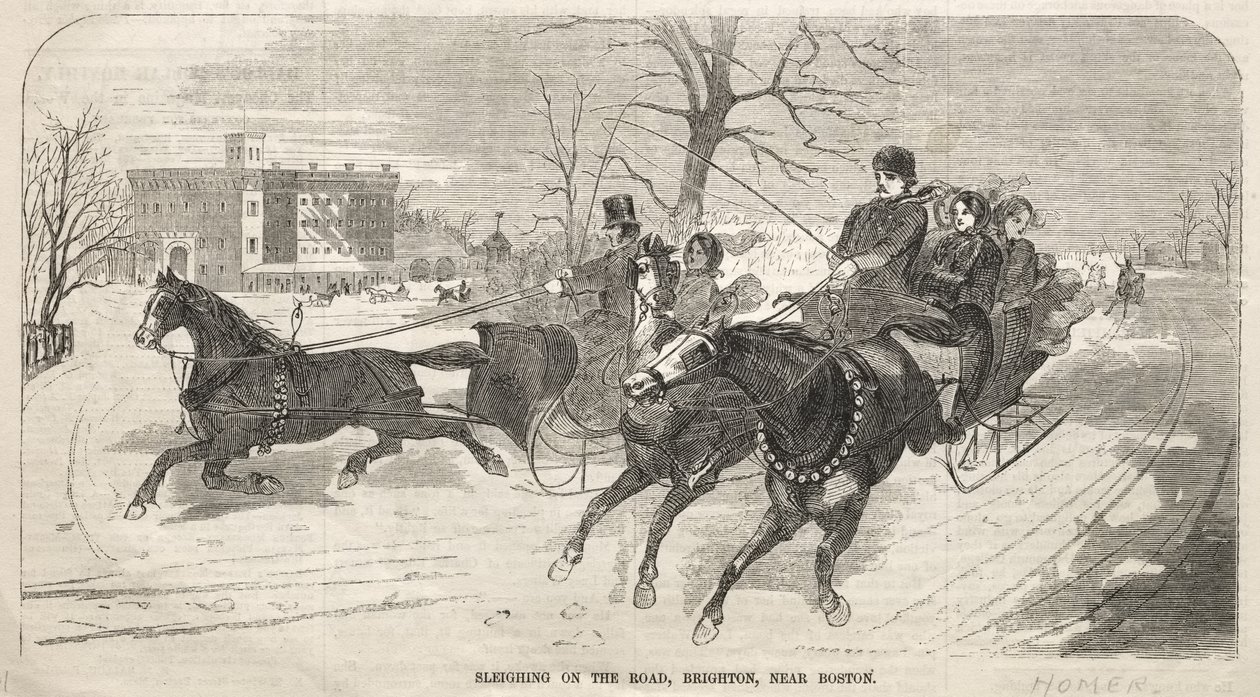 Jazda na sankach po drodze, Brighton, niedaleko Bostonu autorstwa Winslow Homer