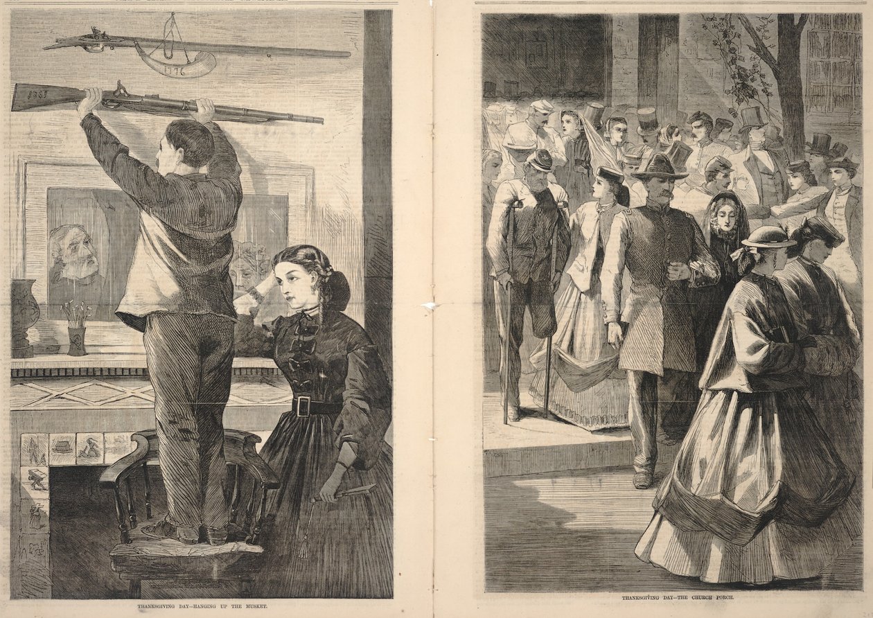Święto Dziękczynienia - odłożenie muszkietu / Święto Dziękczynienia - ganek kościoła, z ilustrowanej gazety Franka Lesliego, 23 grudnia 1865 r. autorstwa Winslow Homer