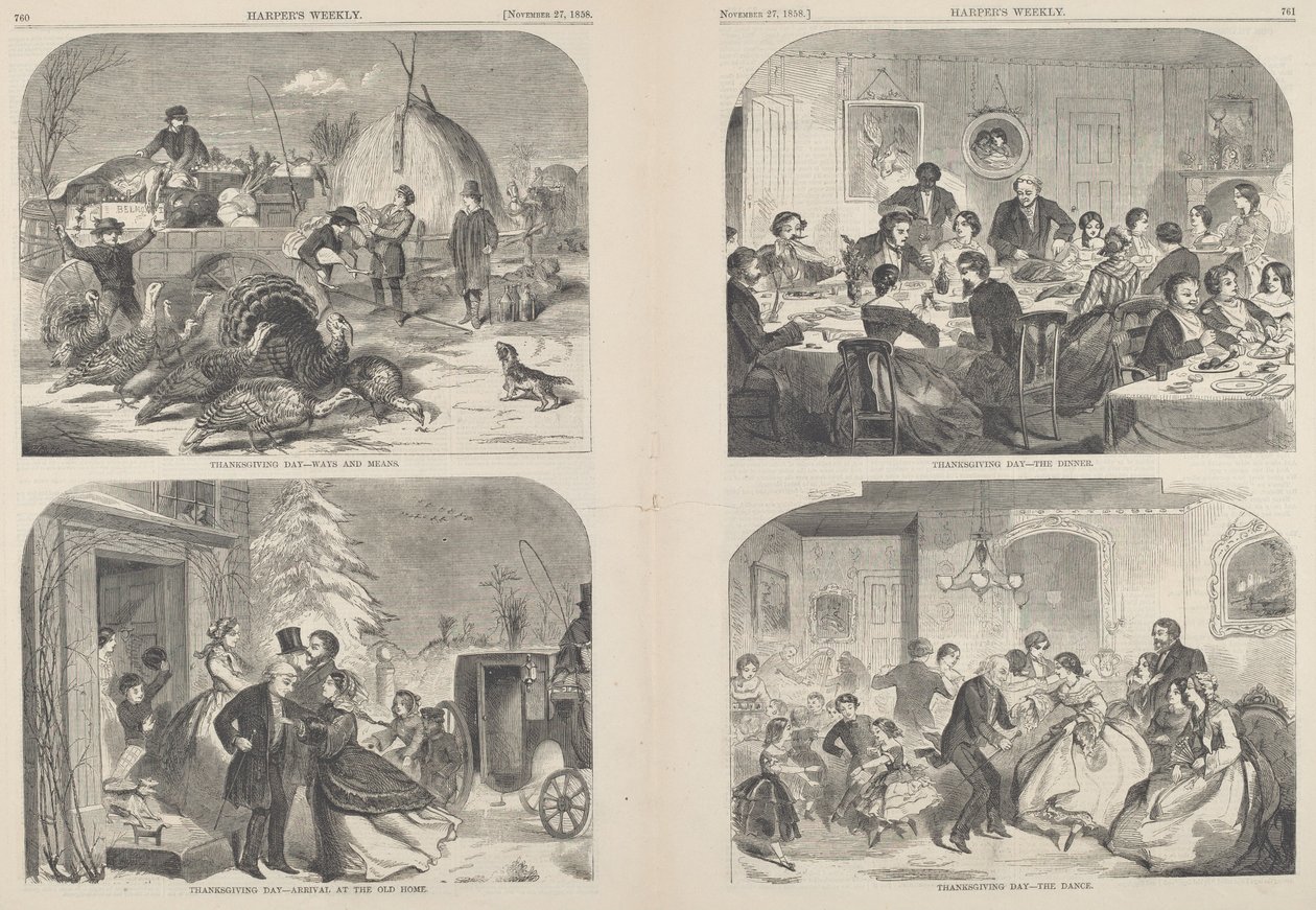Święto Dziękczynienia - sposoby i środki [u góry po lewej], publikacja 1858. autorstwa Winslow Homer