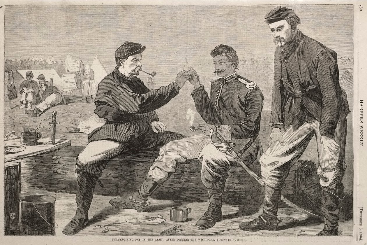 Święto Dziękczynienia w wojsku - po obiedzie: kość życzeń, 1864. autorstwa Winslow Homer