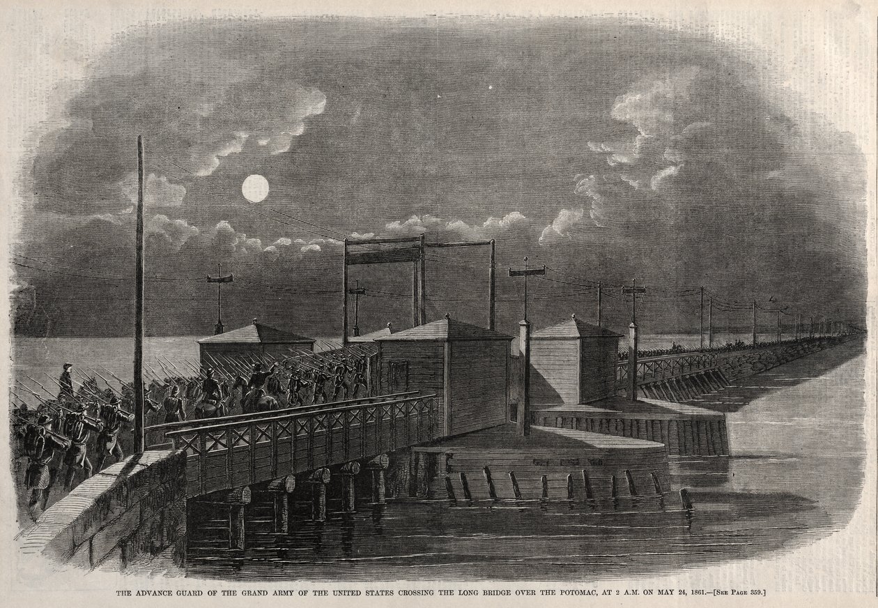 Przednia straż Wielkiej Armii Stanów Zjednoczonych przekraczająca Most Long Bridge nad rzeką Potomac o godz. 2:00 w nocy 24 maja 1861 r. autorstwa Winslow Homer