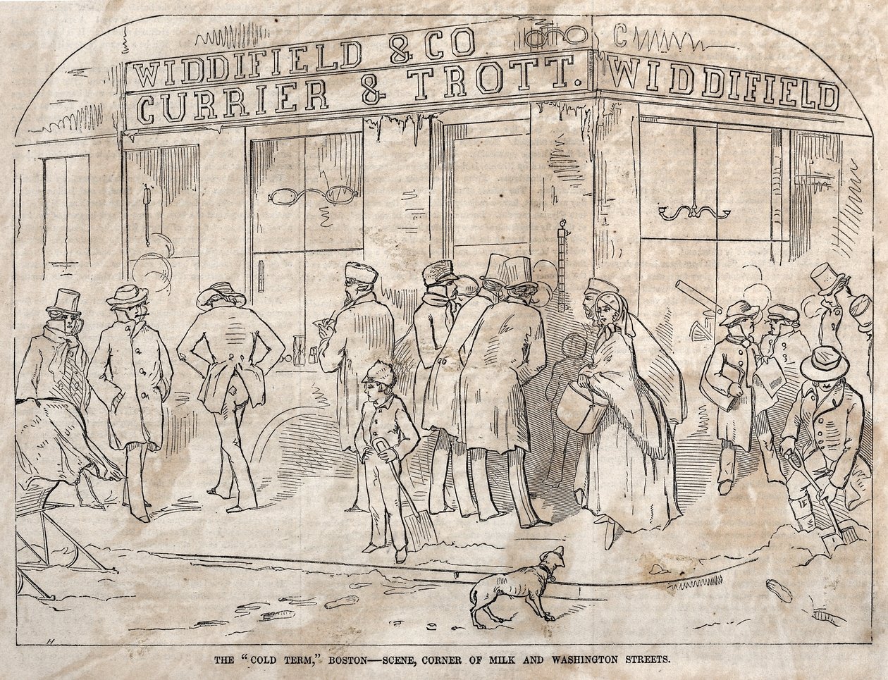 The Cold Term, Boston - Scena, Corner Milk i Washington Streets, 1858. autorstwa Winslow Homer