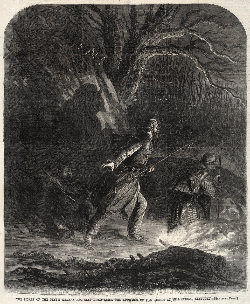 Posterunek 10. pułku z Indiany, który wykrył zbliżających się rebeliantów w Mill Spring w stanie Kentucky autorstwa Winslow Homer