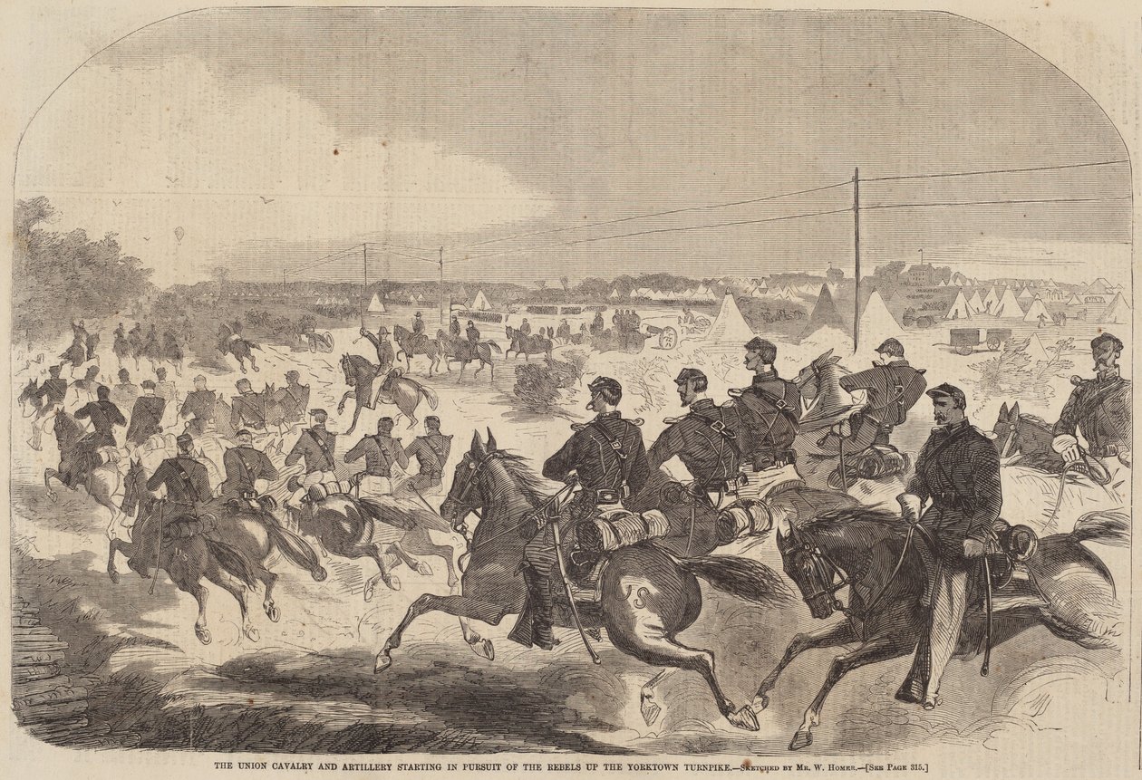 Unia kawalerii i artylerii rozpoczynająca pościg za rebeliantami w górę Yorktown..., opublikowana w 1862 r. autorstwa Winslow Homer