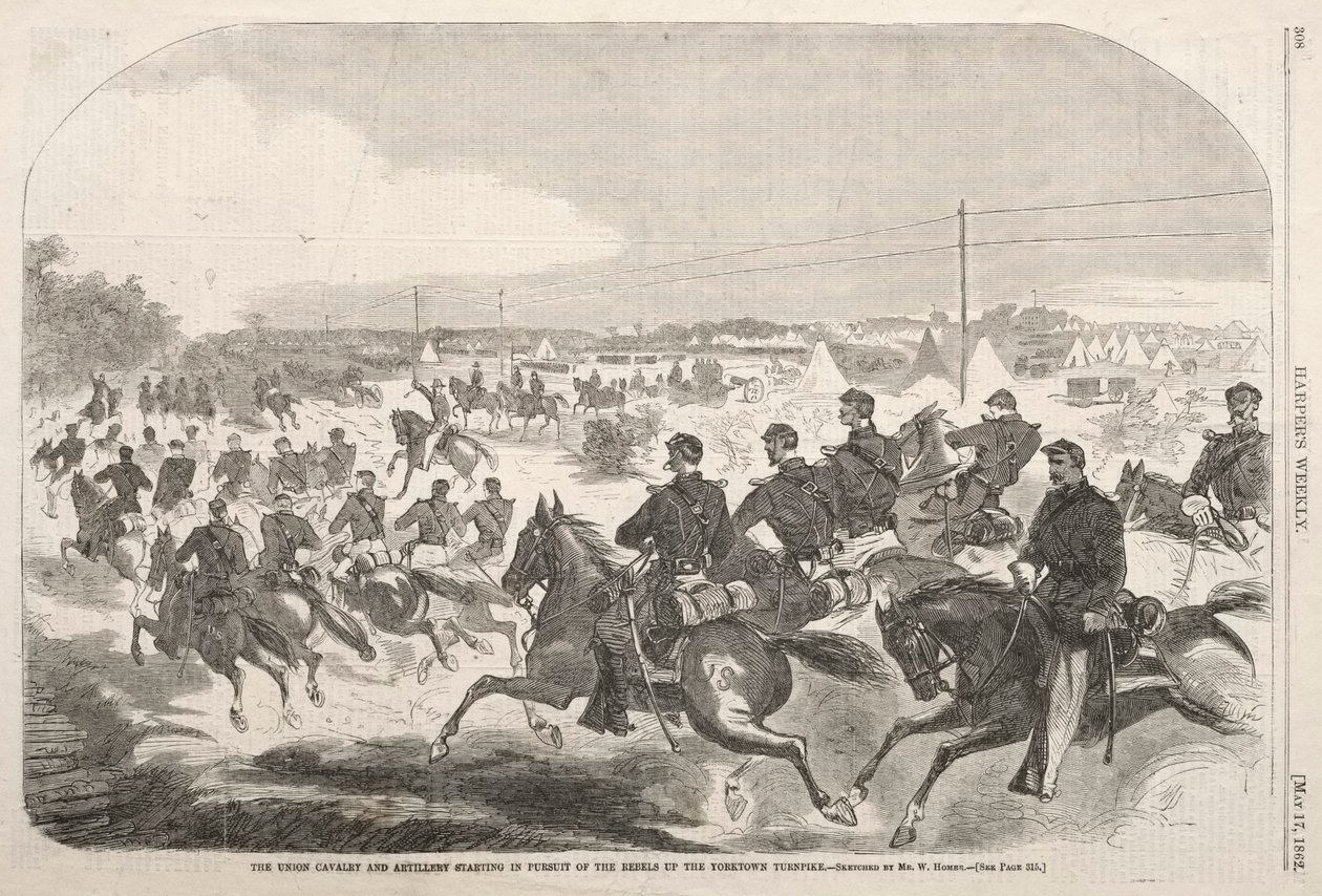 Kawaleria i artyleria Unii ruszają w pościg za rebeliantami w górę Yorktown Turnpike autorstwa Winslow Homer