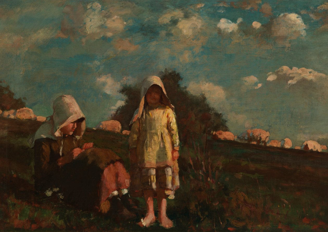 Dwie dziewczyny z czepkami na polu autorstwa Winslow Homer