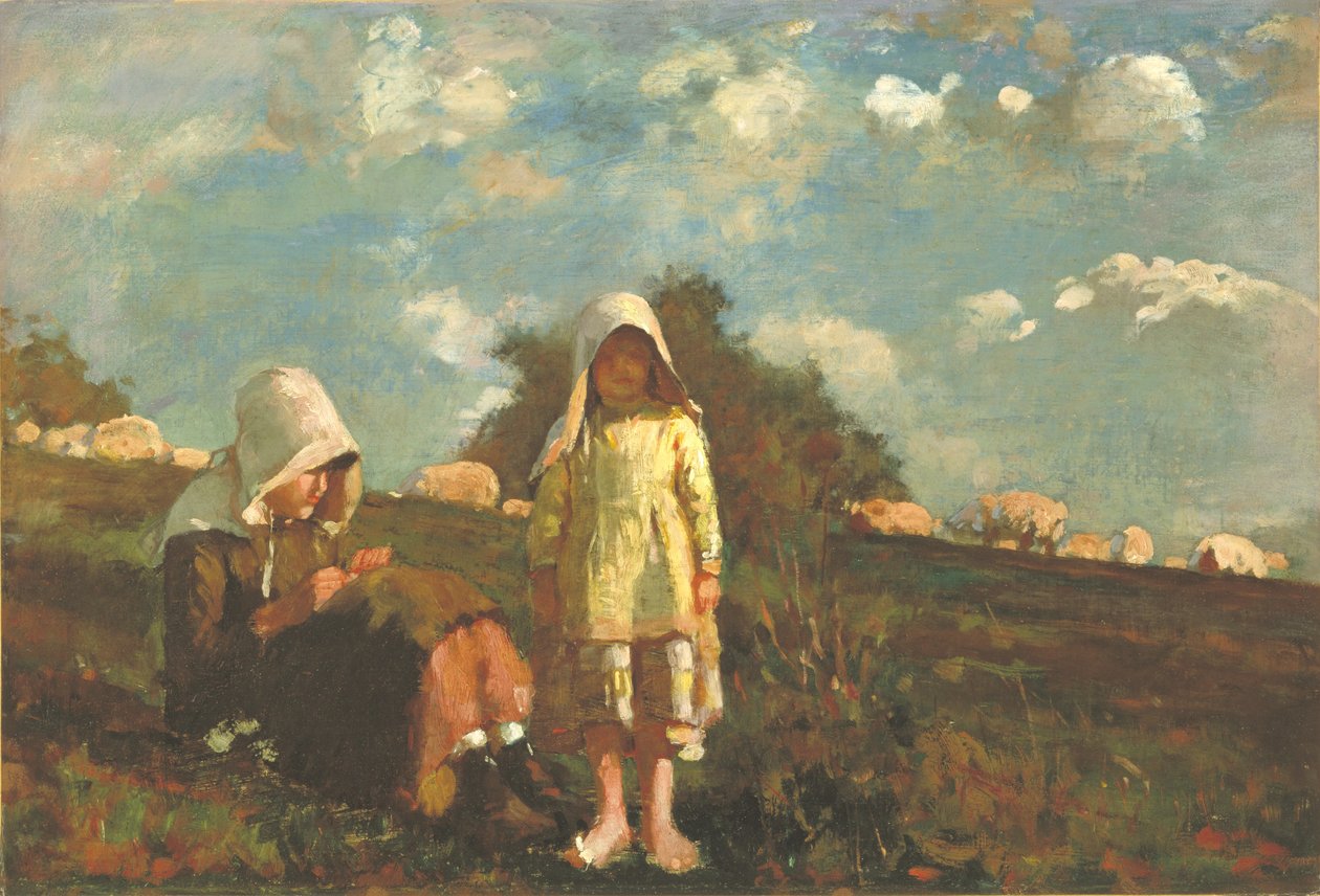 Dwie dziewczyny w chustkach przeciwsłonecznych na polu autorstwa Winslow Homer