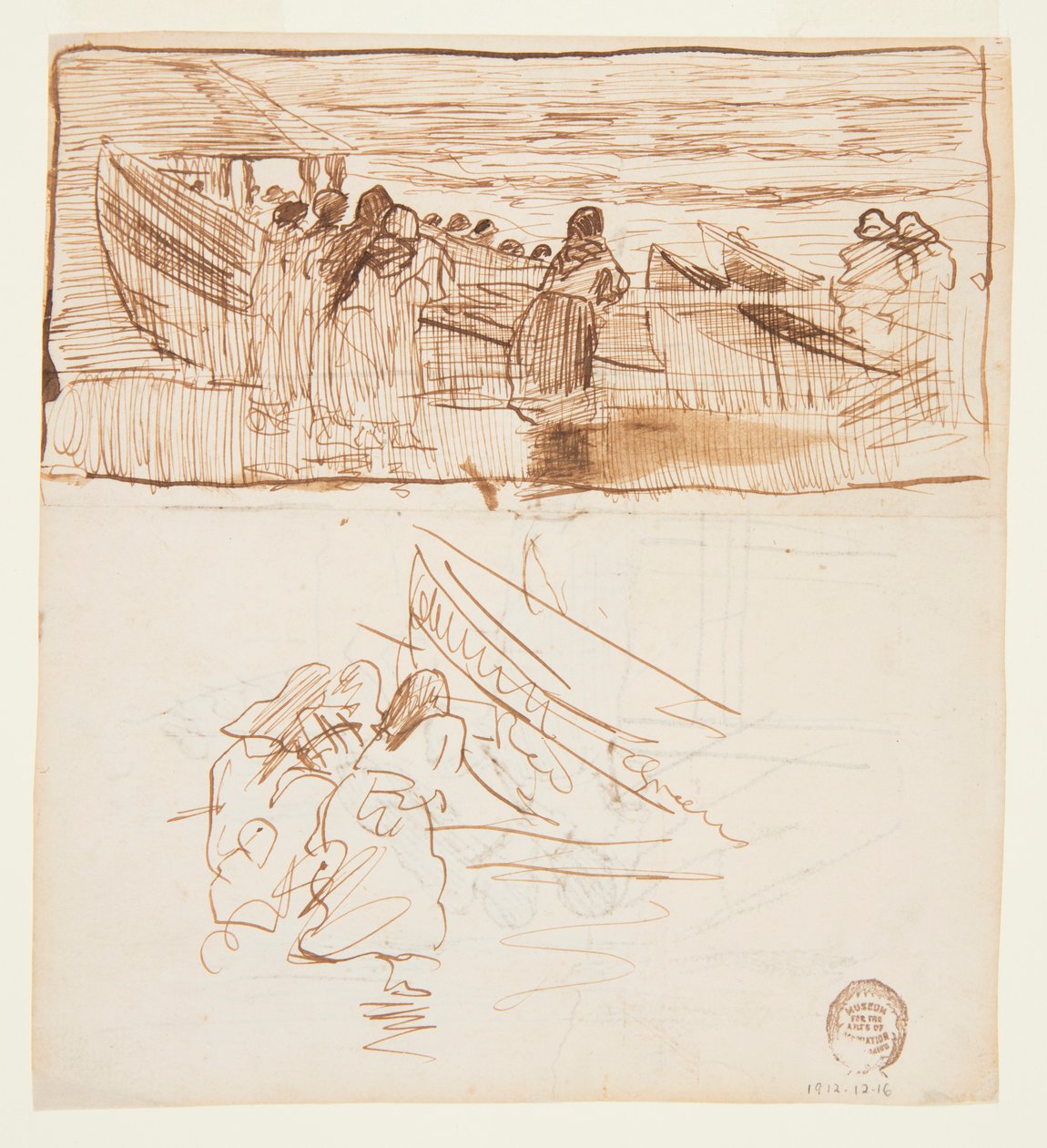 Dwa badania kobiet stojących za balustradą, patrzących na wystrzeliwanie Dories, Cullercoats, Anglia autorstwa Winslow Homer