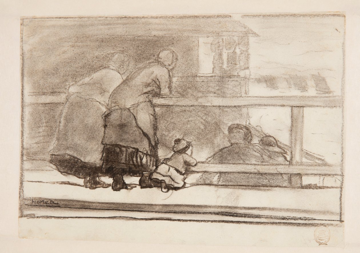 Dwie kobiety i dziecko w kolejce, z widokiem na plażę w Tynemouth autorstwa Winslow Homer