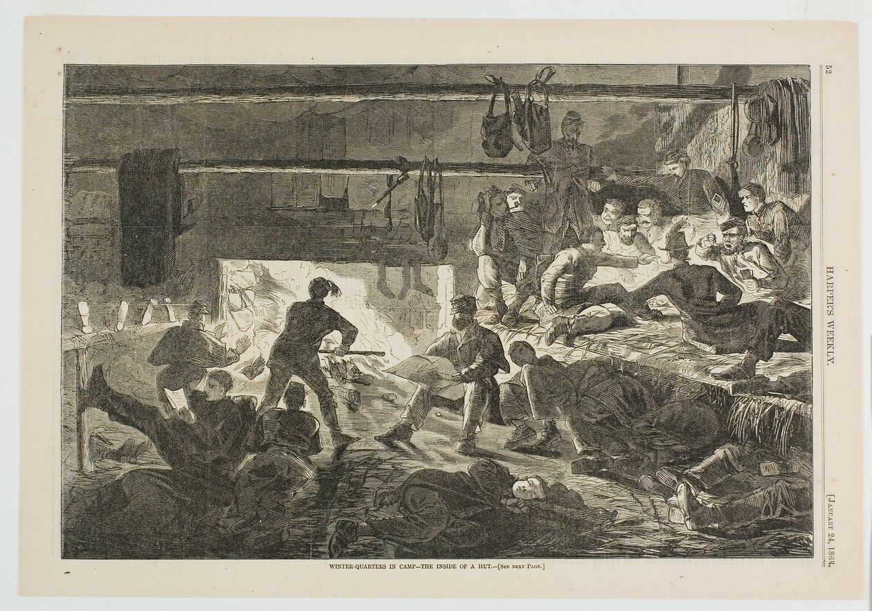 Zimowe kwatery w obozie - wnętrze chaty autorstwa Winslow Homer