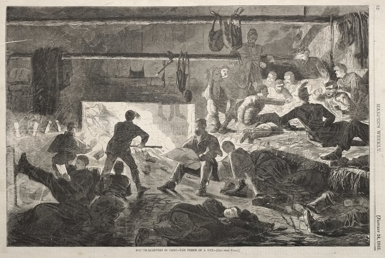Zimowe kwatery w obozie – wnętrze chaty autorstwa Winslow Homer