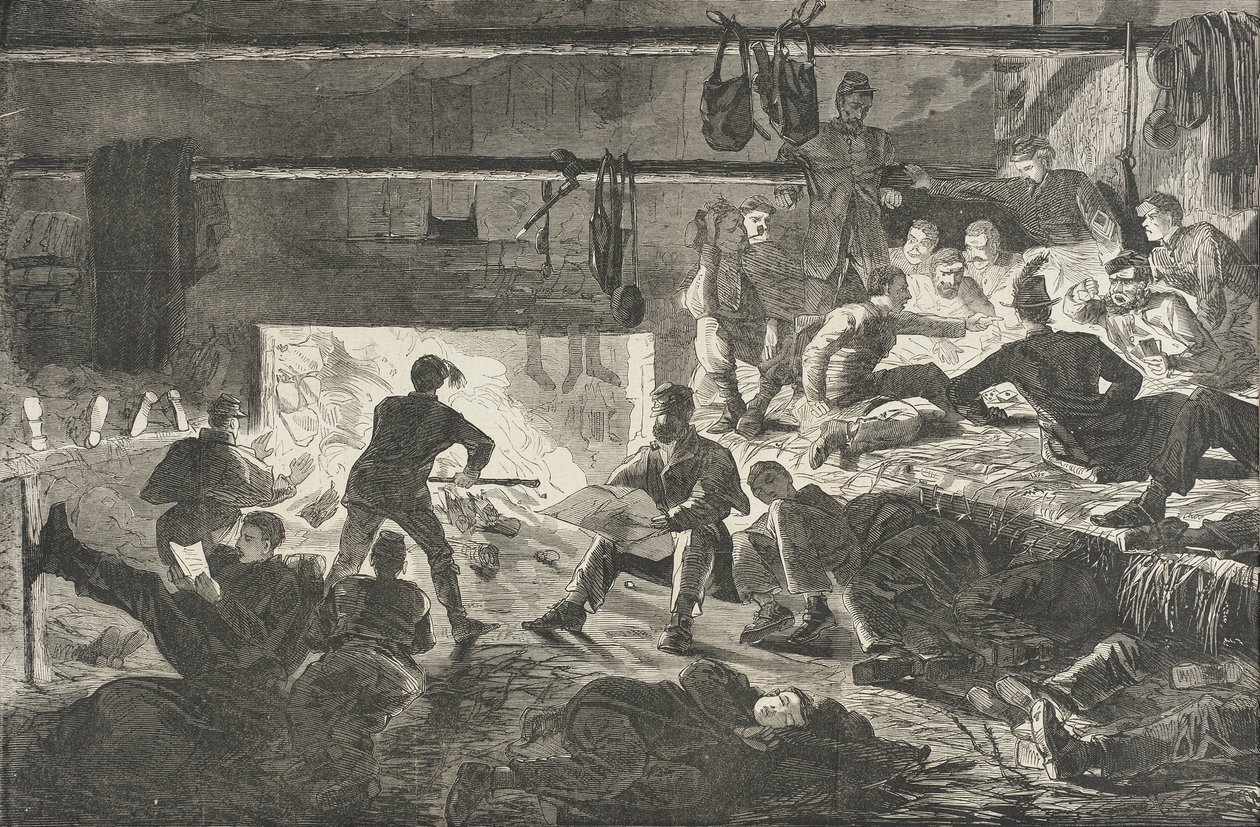 Kwatery zimowe w obozie - Wnętrze chaty autorstwa Winslow Homer