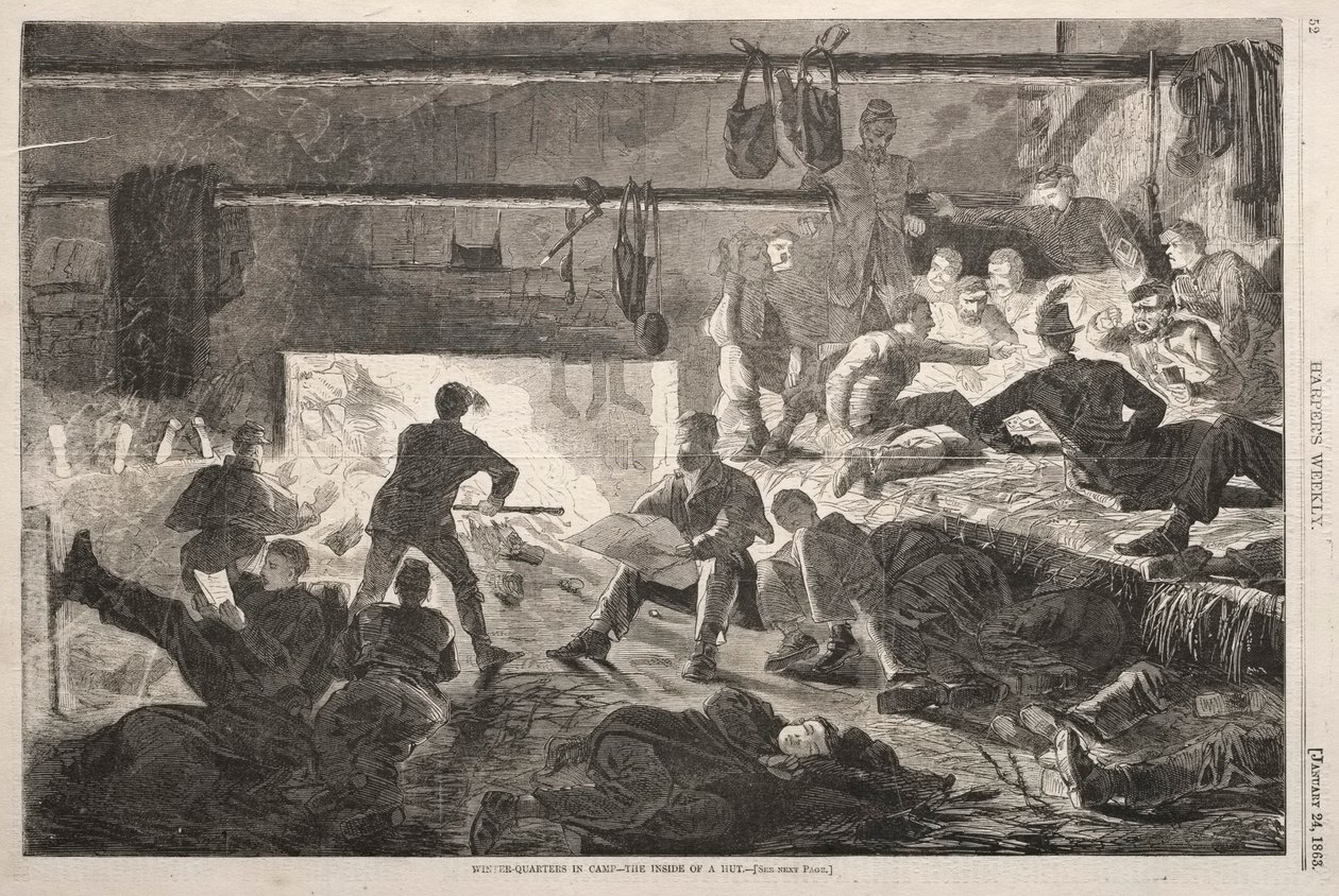 Kwatery zimowe w obozie - wnętrze chaty, 1863. autorstwa Winslow Homer