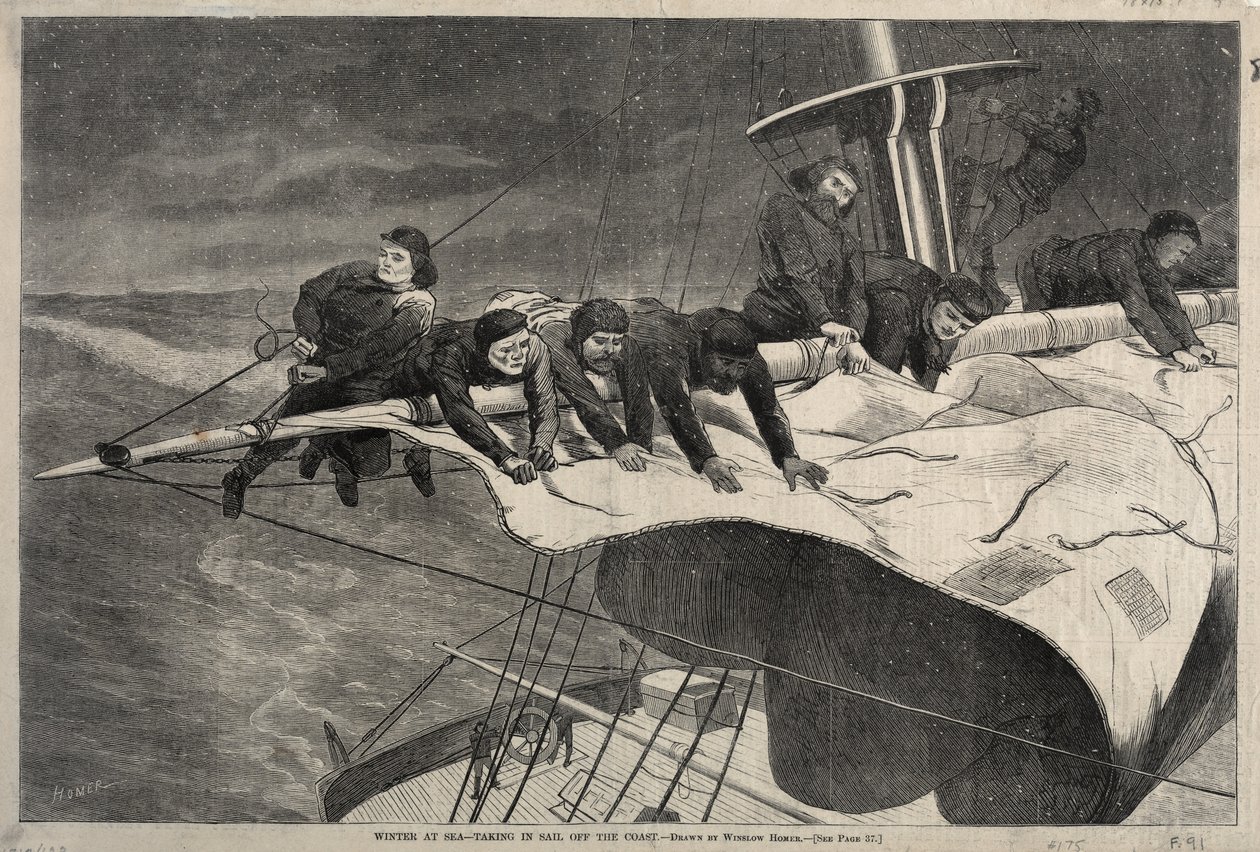 Zima na morzu – płynięcie żaglami z wybrzeża, 1869. autorstwa Winslow Homer