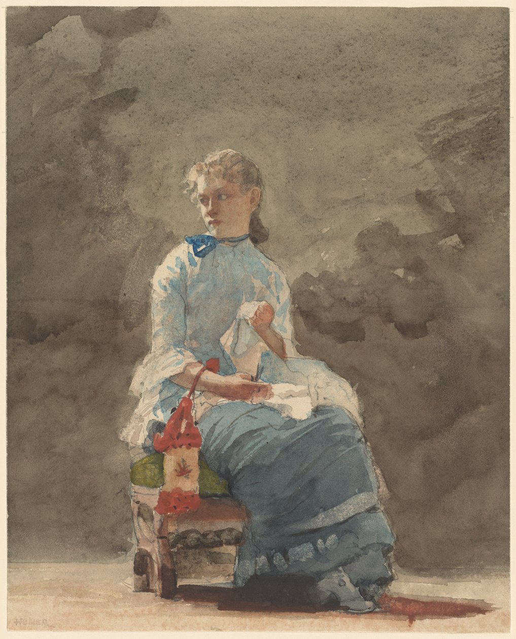 Szycie Kobieta, 1878-9 (akwarela na grafitowym papierze akwarelowym w kolorze złamanej bieli) autorstwa Winslow Homer