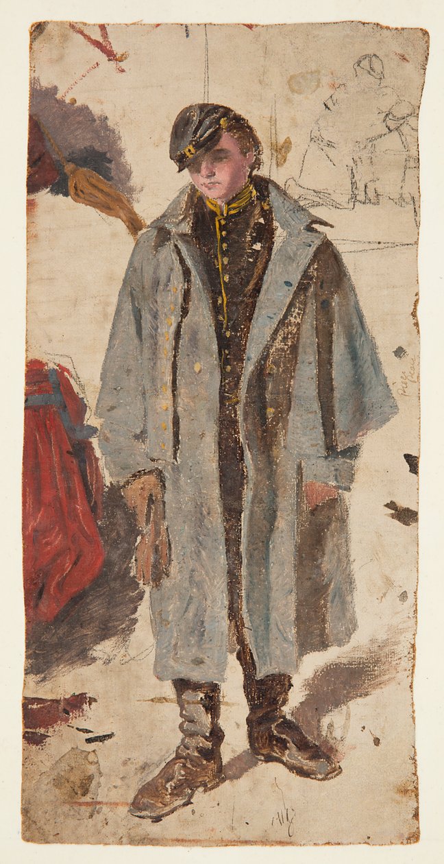 Młody żołnierz, szkic żołnierza dającego wodę rannemu towarzyszowi autorstwa Winslow Homer