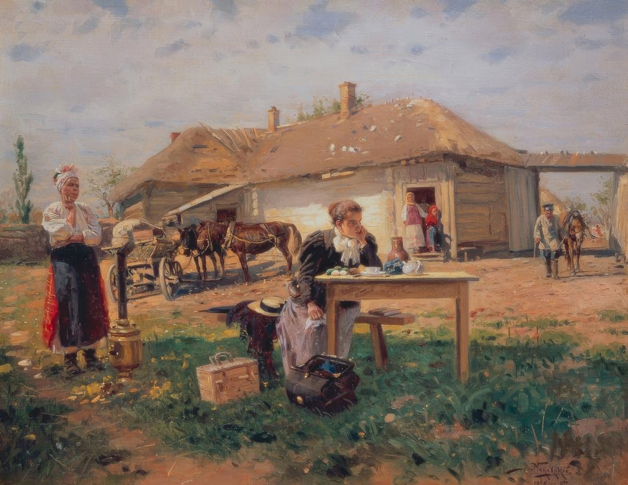 Przybycie nauczyciela do wioski autorstwa Wladimir Jegorowitsch Makowski