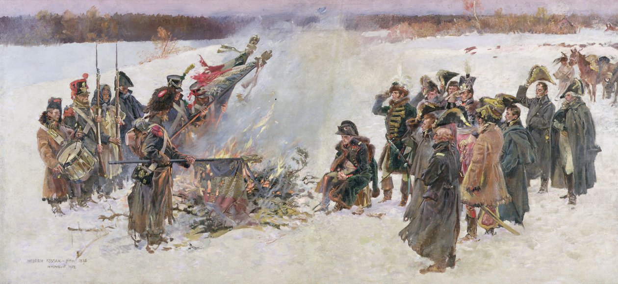 Palenie sztandarów 1812, 1896, fragment „Panoramy Berezyńskiej”, 1896 autorstwa Wojciech Kossak