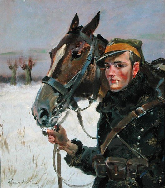Żołnierz z koniem autorstwa Wojciech Kossak