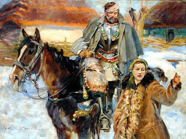 Ranny kirasjer z dziewczyną, ok. 1930 (olej na płótnie) autorstwa Wojciech Kossak