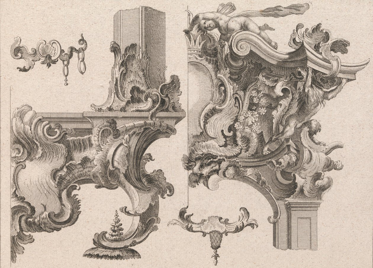 Propozycja dekoracji prawego dolnego i prawego górnego obramowania ołtarza..., druk. 1750-56. autorstwa Wolffgang Christoph Mayr