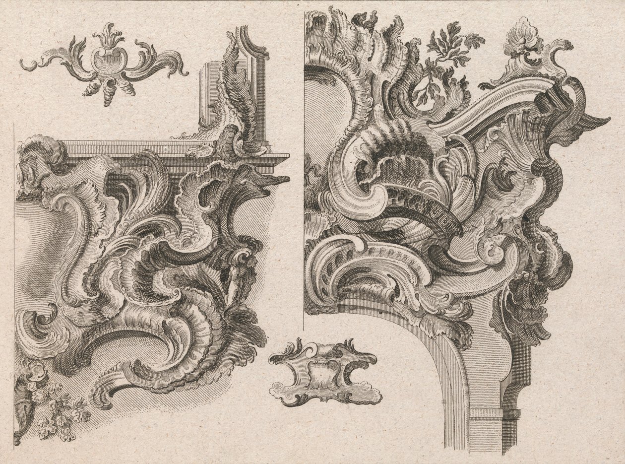 Propozycja dekoracji prawego dolnego i prawego górnego obramowania ołtarza..., druk. 1750-56. autorstwa Wolffgang Christoph Mayr