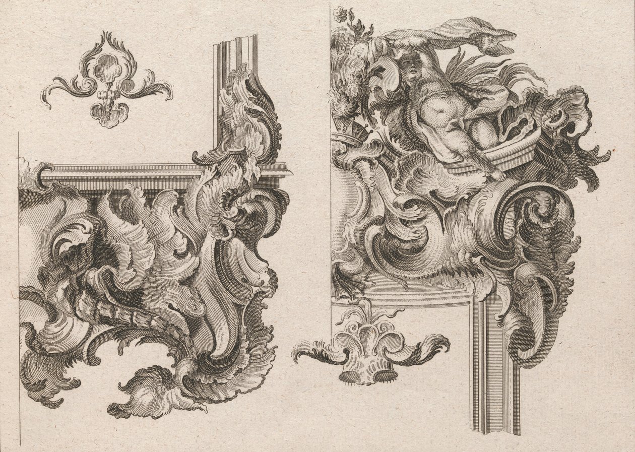 Propozycja dekoracji prawego dolnego i prawego górnego obramowania ołtarza..., druk. 1750-56. autorstwa Wolffgang Christoph Mayr