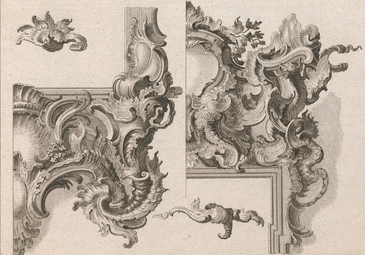 Propozycja dekoracji prawego dolnego i prawego górnego obramowania ołtarza..., druk. 1750-56. autorstwa Wolffgang Christoph Mayr