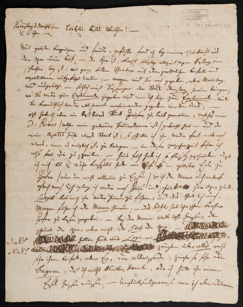 MS Farmer 2715 List W.A. Mozarta do żony Konstanze, 1791 (tusz na papierze), s. 1 autorstwa Wolfgang Amadeus Mozart