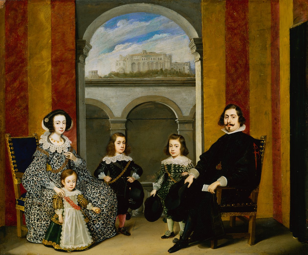 Francesco Tapia, Conte del Vasto, z Rodziną siedzącą we wnętrzu Palazzo Tapia z widokiem na Castello di Sant Elmo autorstwa Wolfgang Heimbach