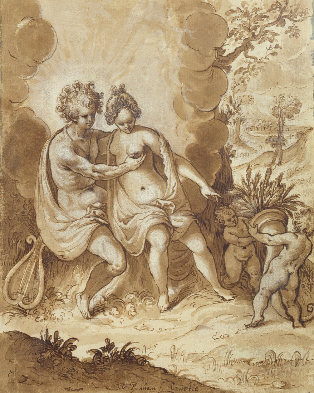 Apollo i Ceres, 1605 (ołówek, wc i białe podkreślenie na papierze) autorstwa Wolfgang Kilian