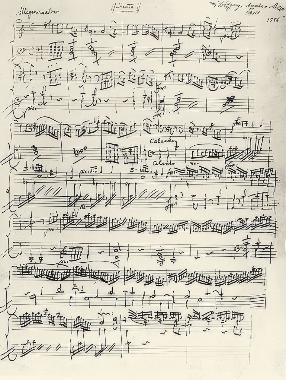 Początek Sonaty fortepianowej a-moll. KV310. Autograf. 1778 autorstwa Wolfgang Amadeus Mozart