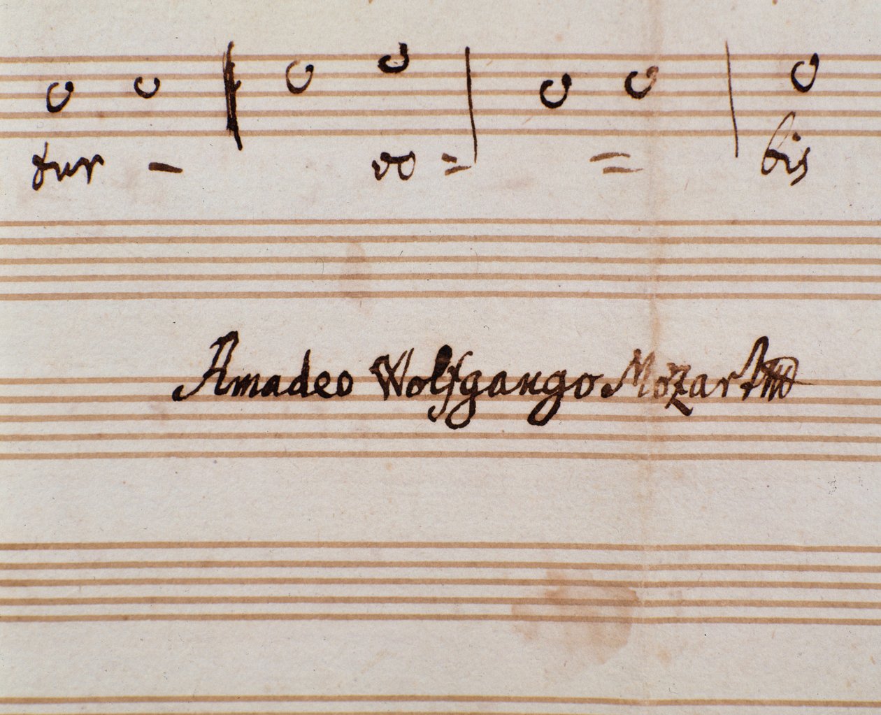 Fragment podpisu kompozytora na stronie nutowej Querite primum regnum Dei Mozarta w celu uzyskania tytułu Accademico filarmonico (1770) autorstwa Wolfgang Amadeus Mozart